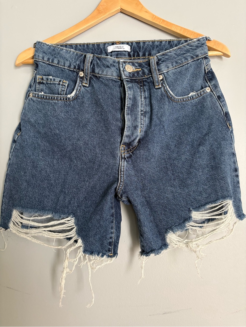 Forever 21 High-Waist Distressed Denim Shorts - Blue
